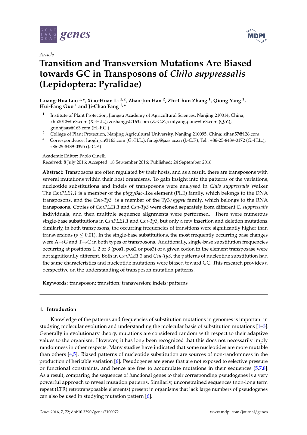 Transition and Transversion Mutations Are Biased Towards GC in Transposons of Chilo Suppressalis (Lepidoptera: Pyralidae)