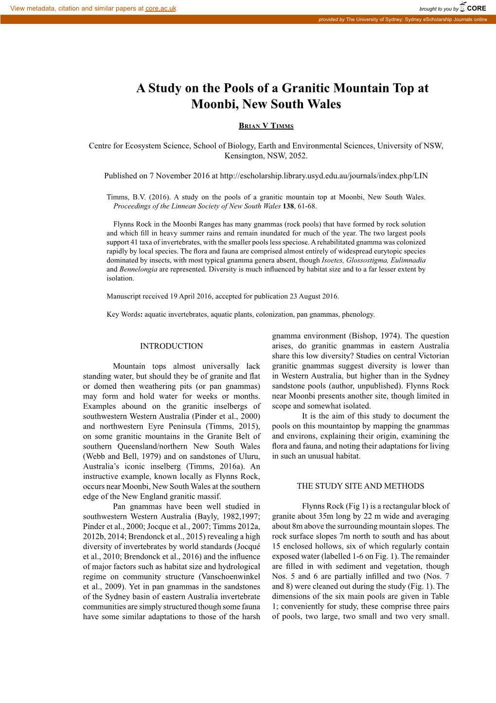 A Study on the Pools of a Granitic Mountain Top at Moonbi, New South Wales