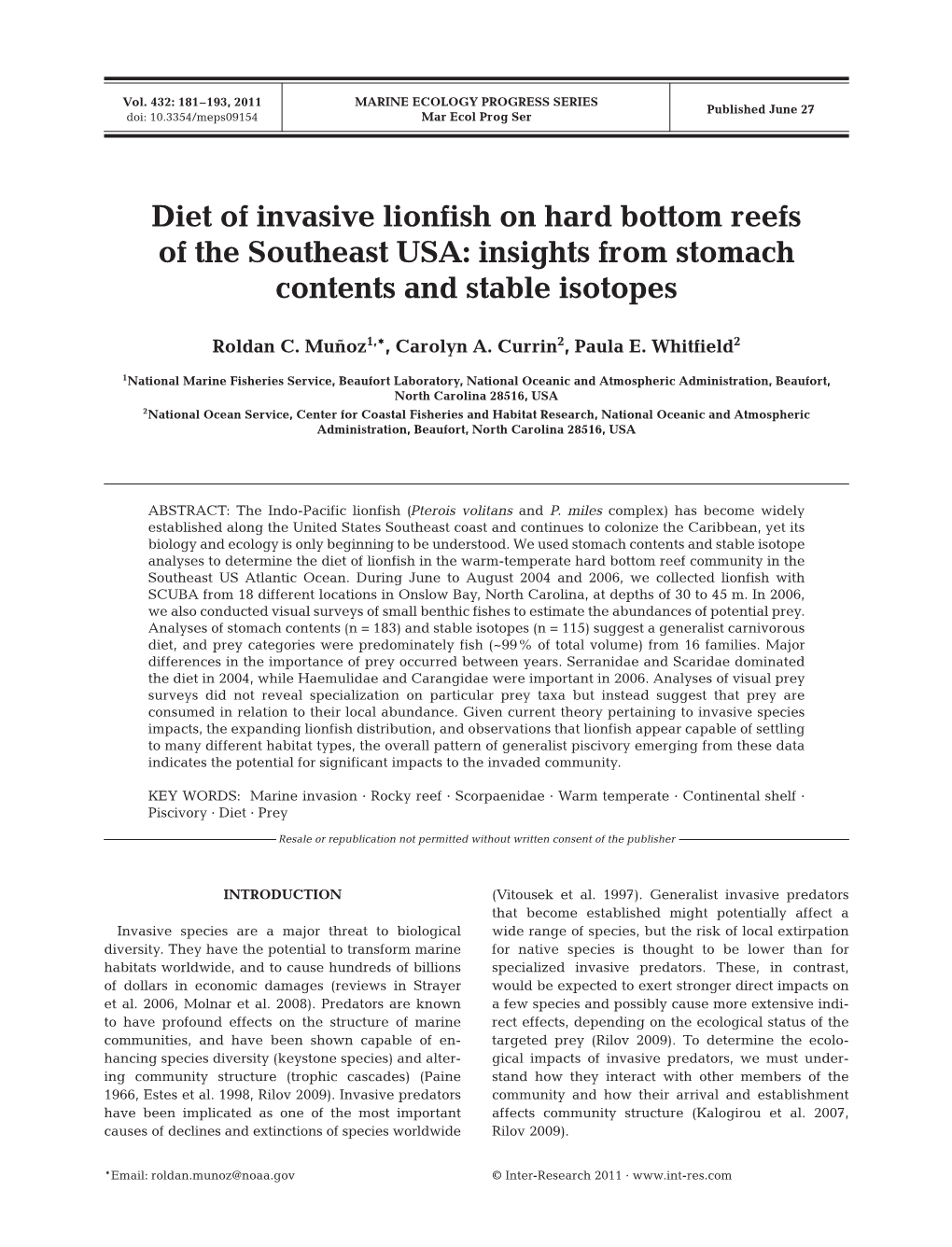 Diet of Invasive Lionfish on Hard Bottom Reefs of the Southeast USA: Insights from Stomach Contents and Stable Isotopes