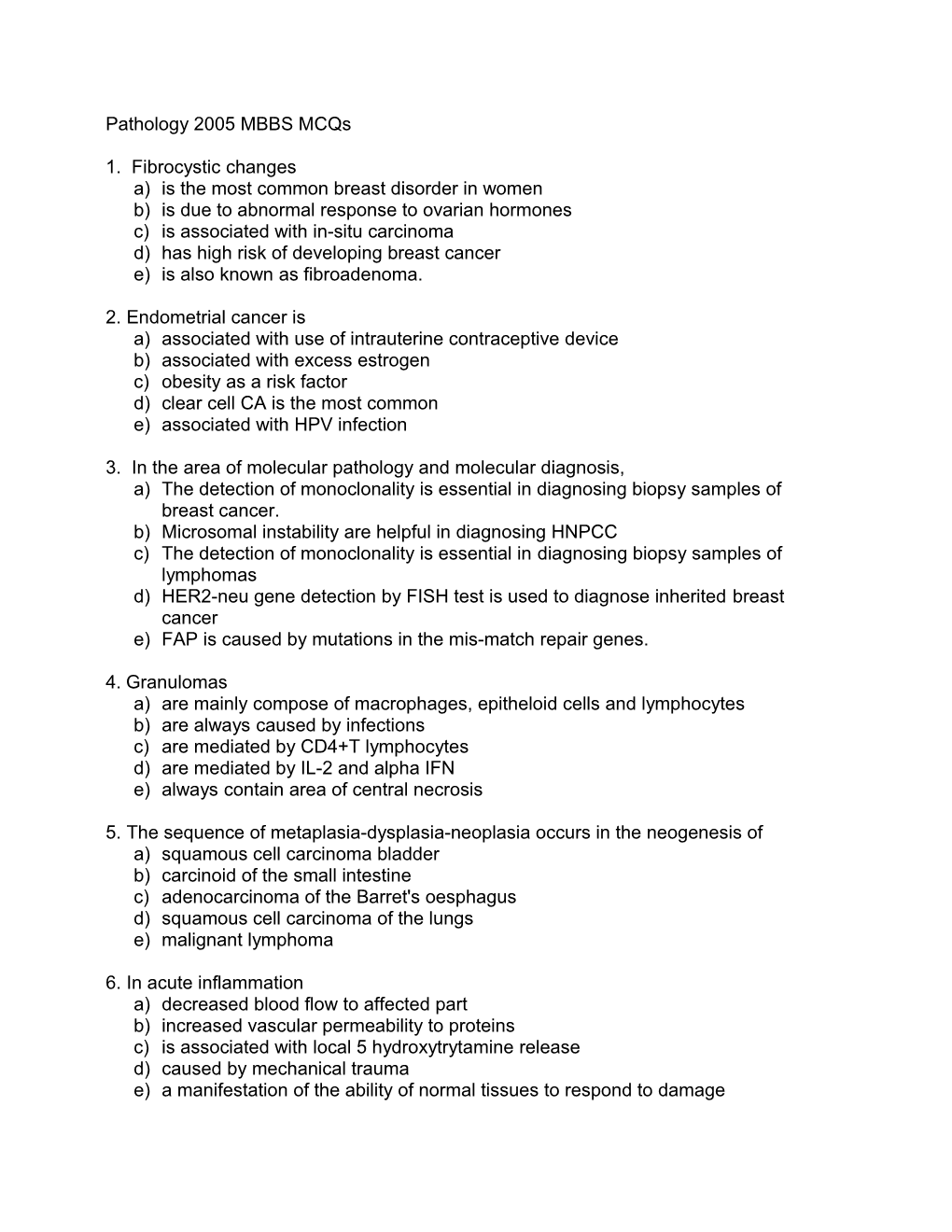 Pathology 2005 MBBS Mcqs