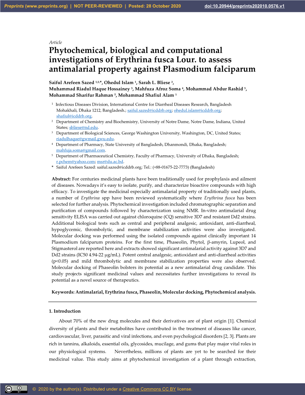 Phytochemical, Biological and Computational Investigations of Erythrina Fusca Lour