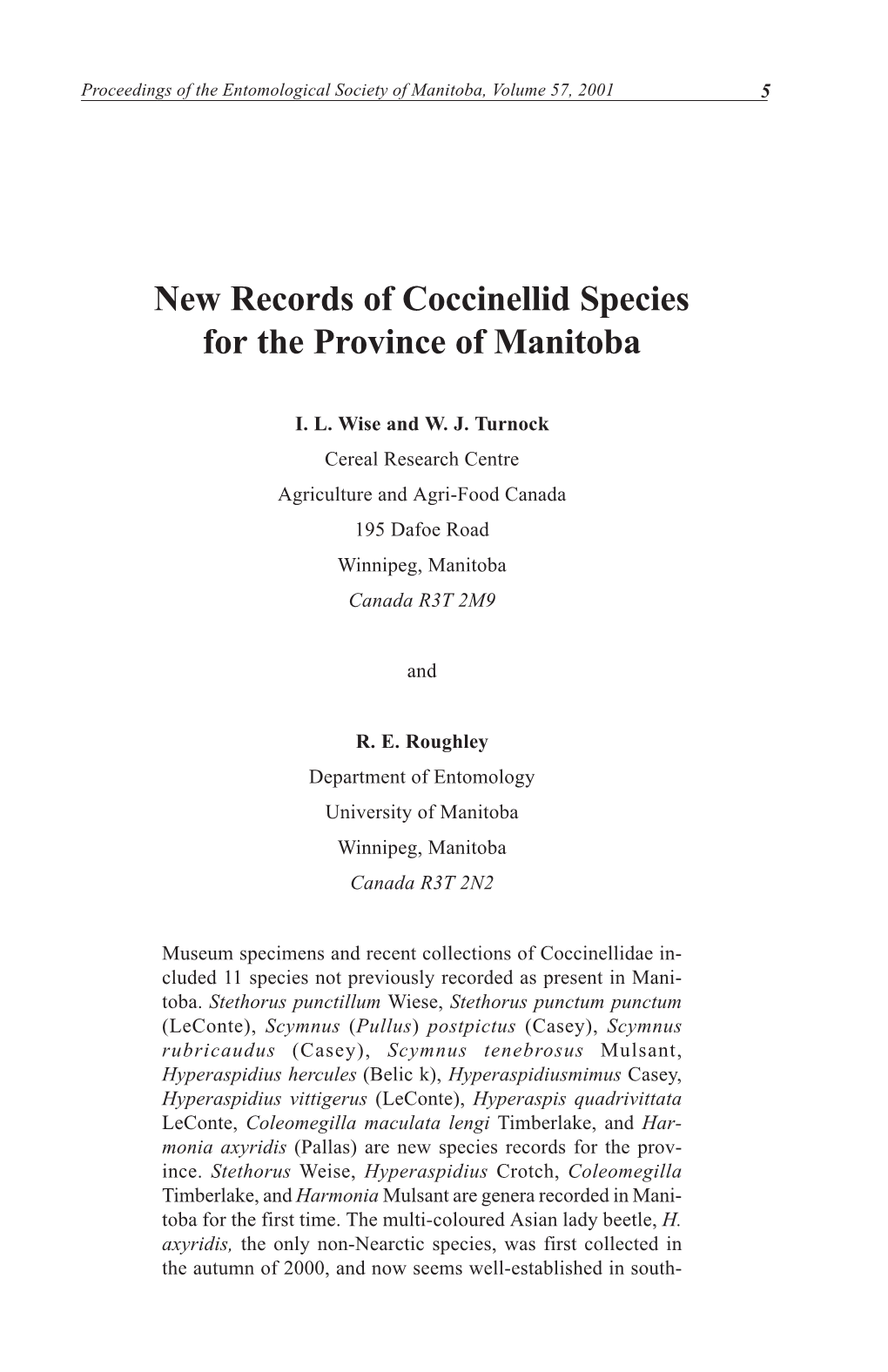 New Records of Coccinellid Species for the Province of Manitoba