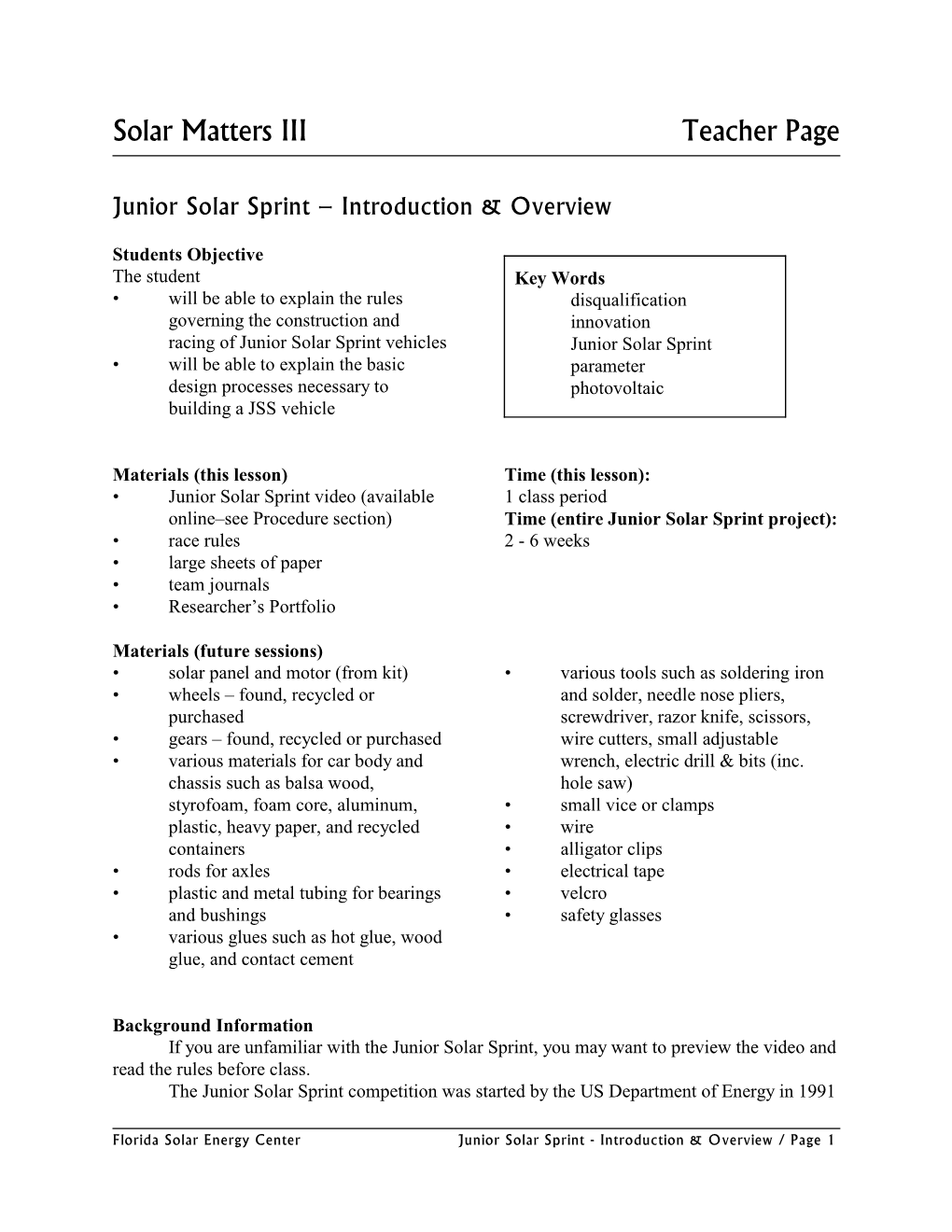 Solar Matters III Teacher Page