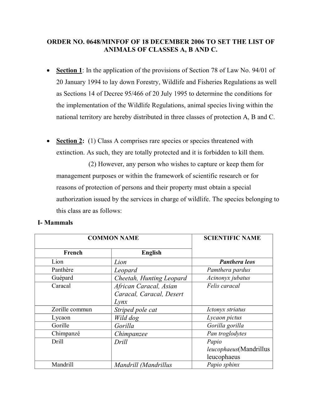 Order No. 0648/Minfof of 18 December 2006 to Set the List of Animals of Classes A, B and C