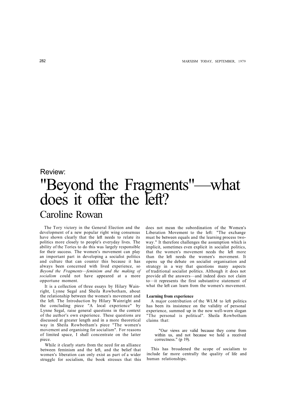 "Beyond the Fragments"—What Does It Offer the Left? Caroline Rowan