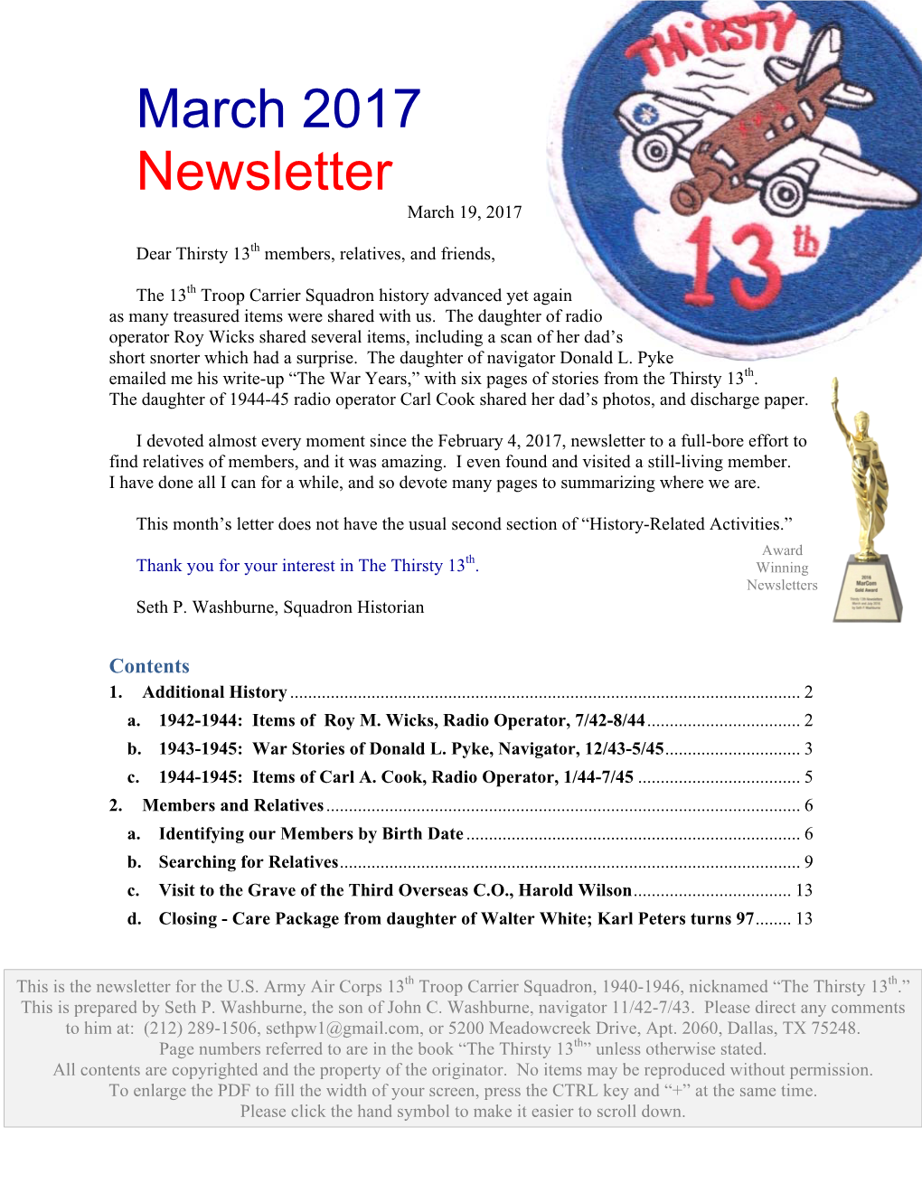 March 2017 Newsletter March 19, 2017