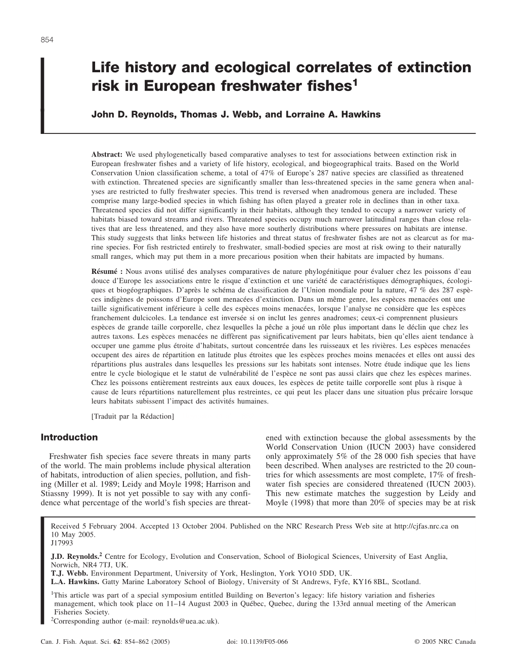 Life History and Ecological Correlates of Extinction Risk in European Freshwater Fishes1