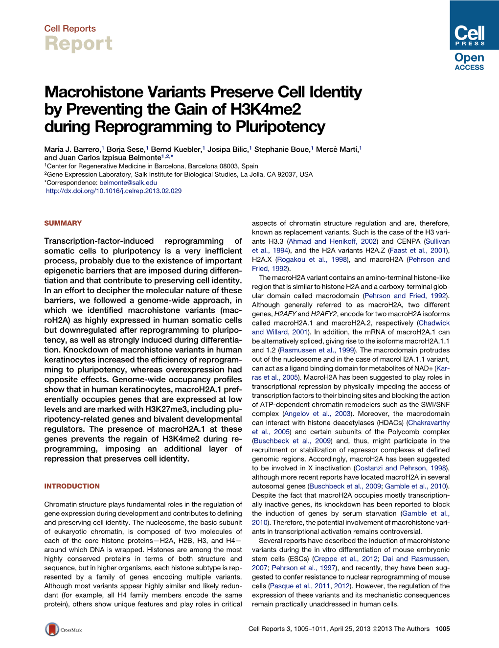 Macrohistone Variants Preserve Cell Identity by Preventing the Gain of H3k4me2 During Reprogramming to Pluripotency