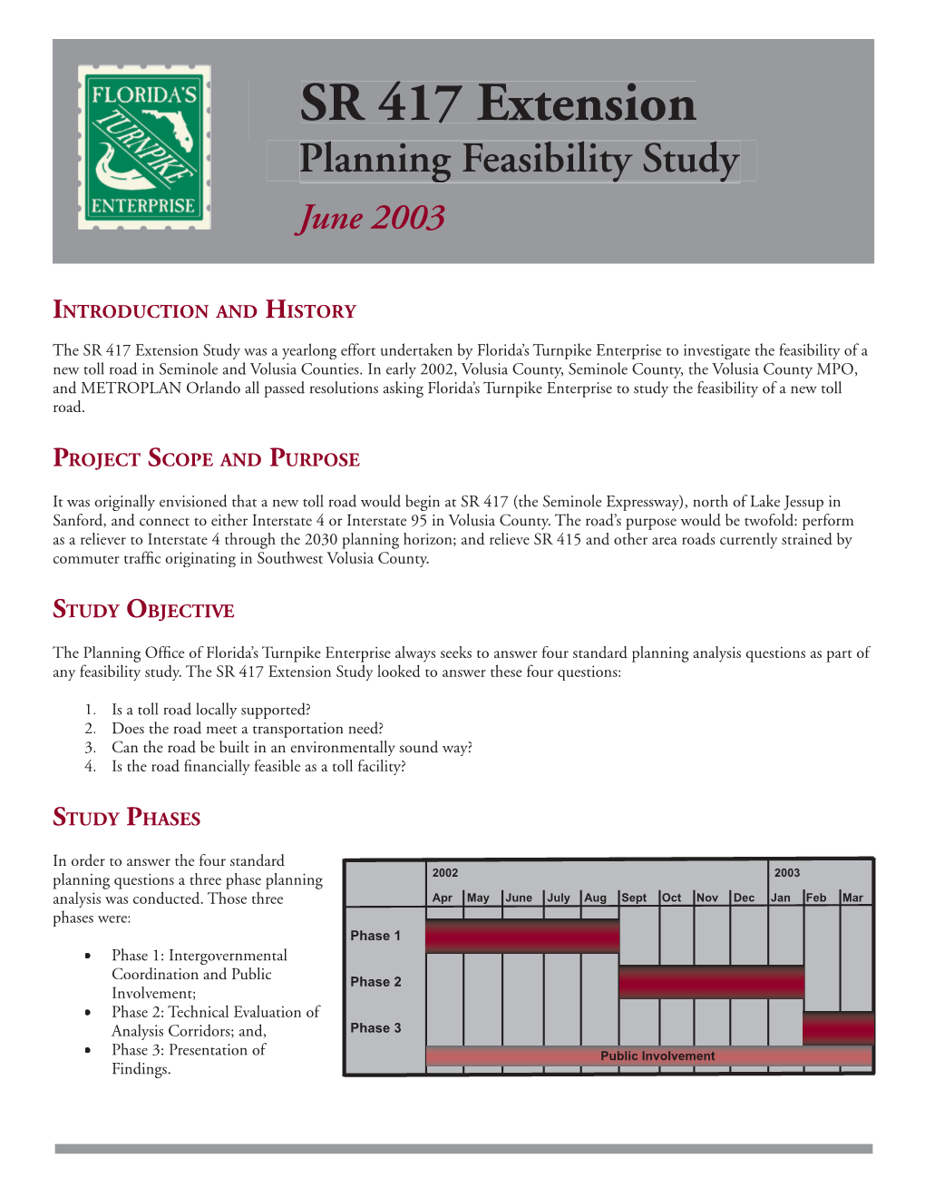 SR 417 Extension Planning Feasibility Study June 2003