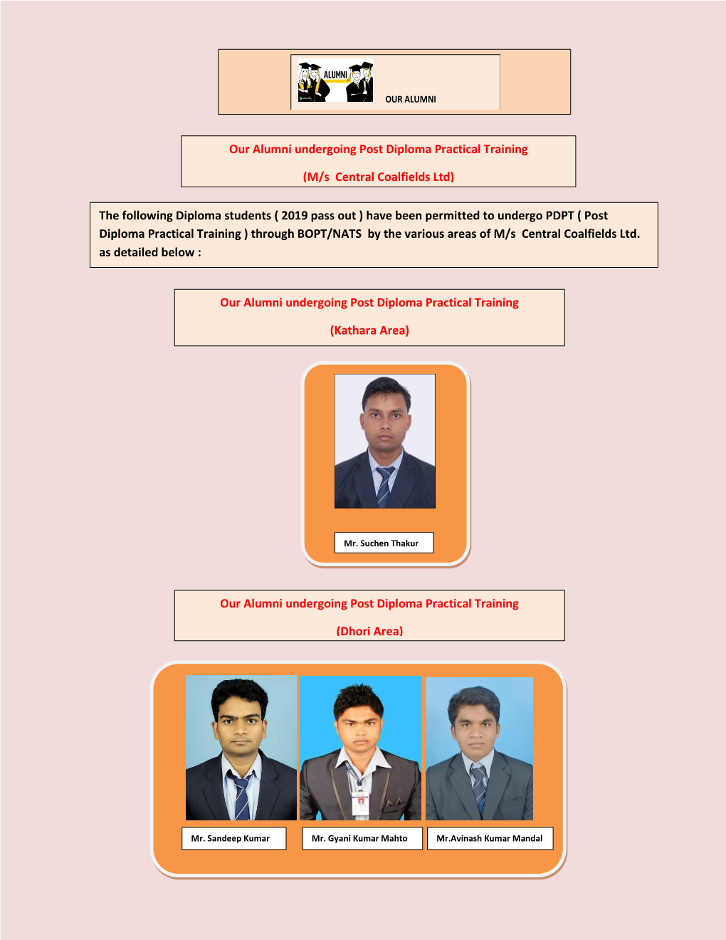 The Following Diploma Students ( 2019 Pass out ) Have Been Permitted to Undergo PDPT ( Post Diploma Practical Training ) Through