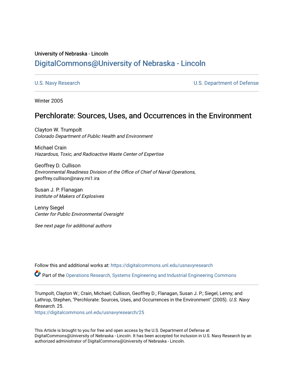 Perchlorate: Sources, Uses, and Occurrences in the Environment