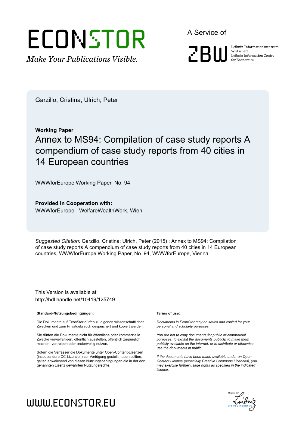 Annex to MS94: Compilation of Case Study Reports a Compendium of Case Study Reports from 40 Cities in 14 European Countries