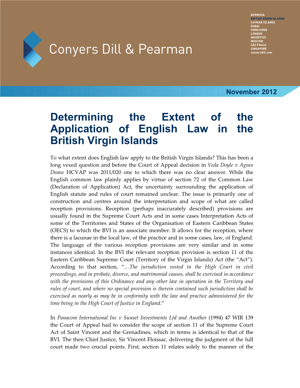 Determining the Extent of the Application of English Law in the British Virgin Islands