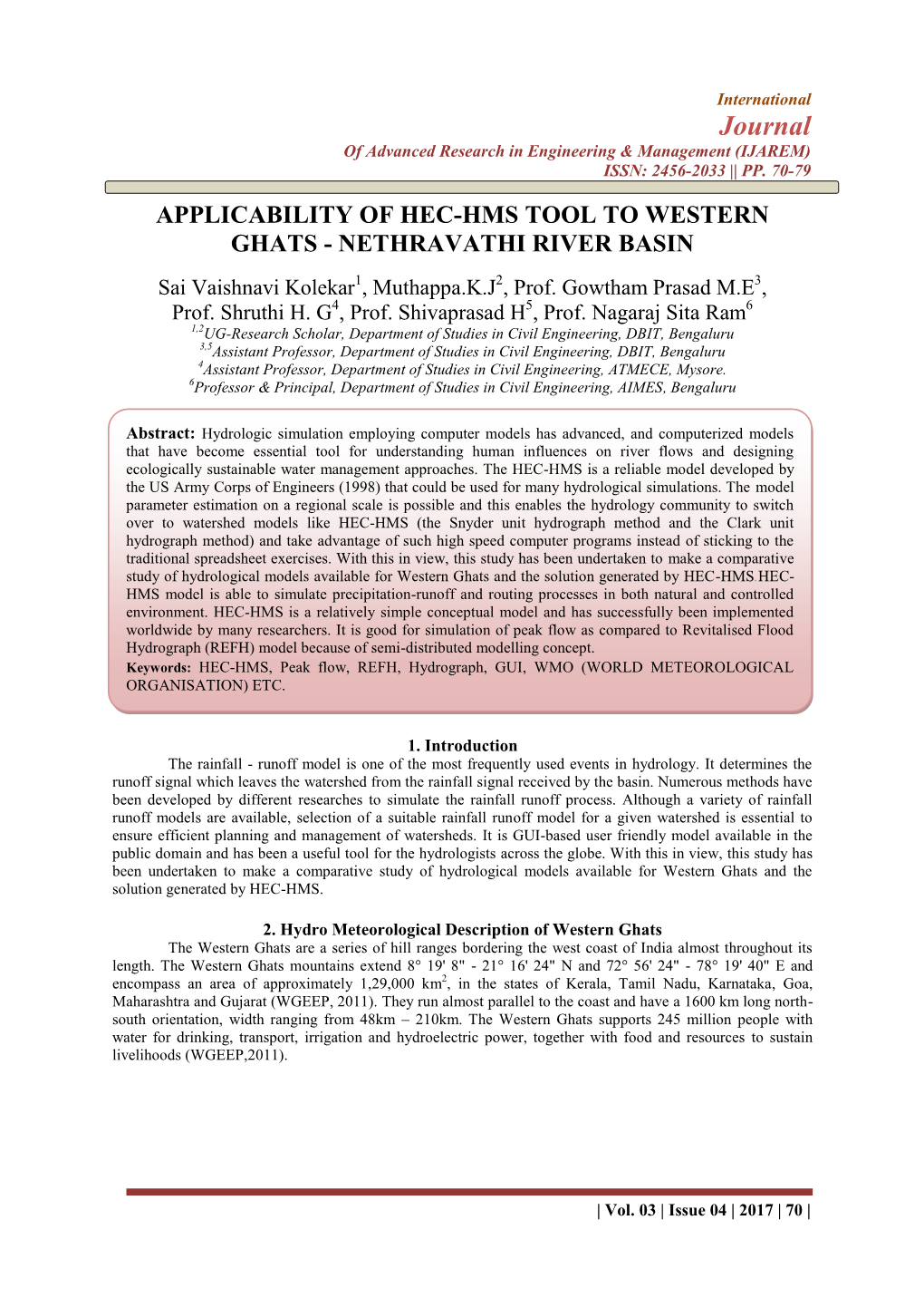 Applicability of Hec-Hms Tool to Western Ghats - Nethravathi River Basin