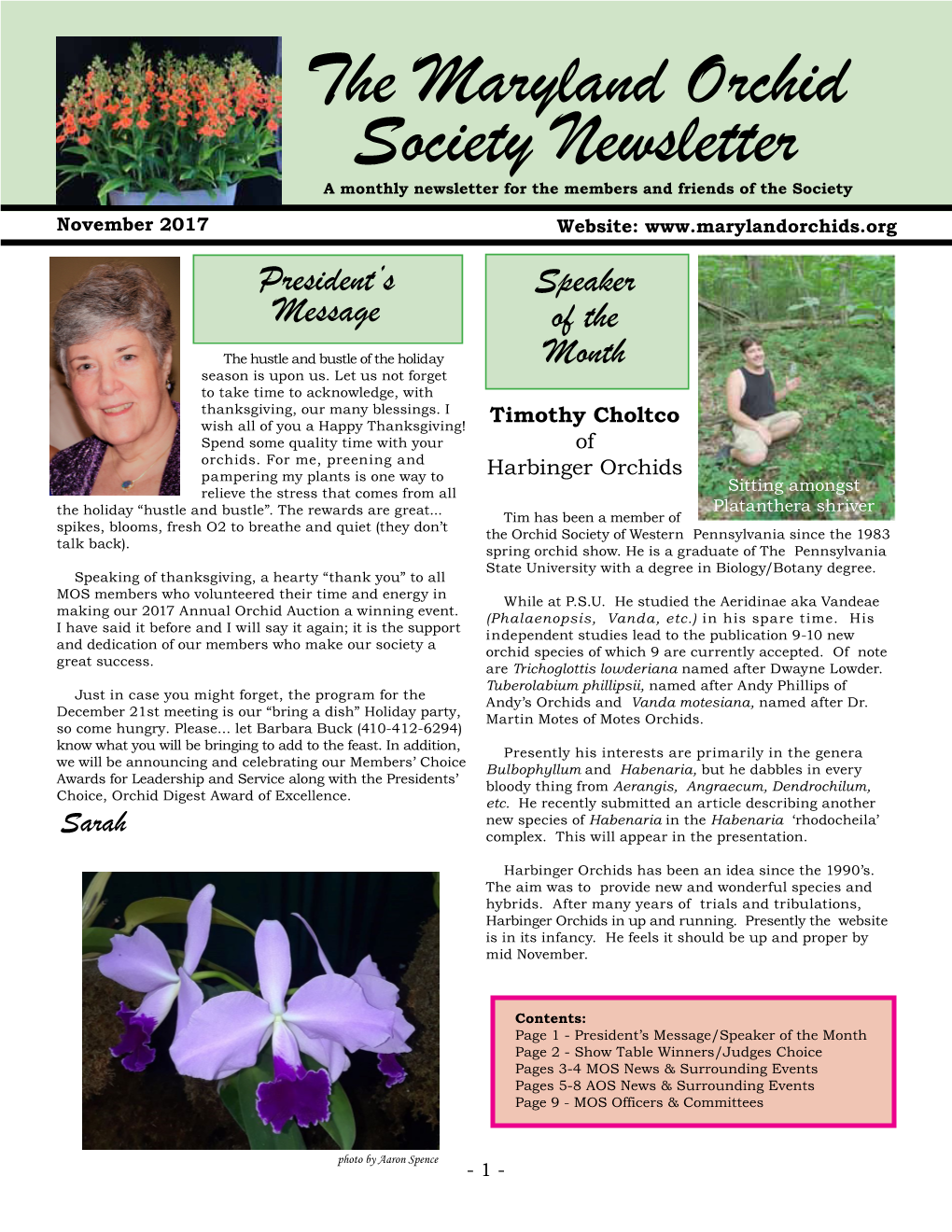 The Maryland Orchid Society Newsletter a Monthly Newsletter for the Members and Friends of the Society