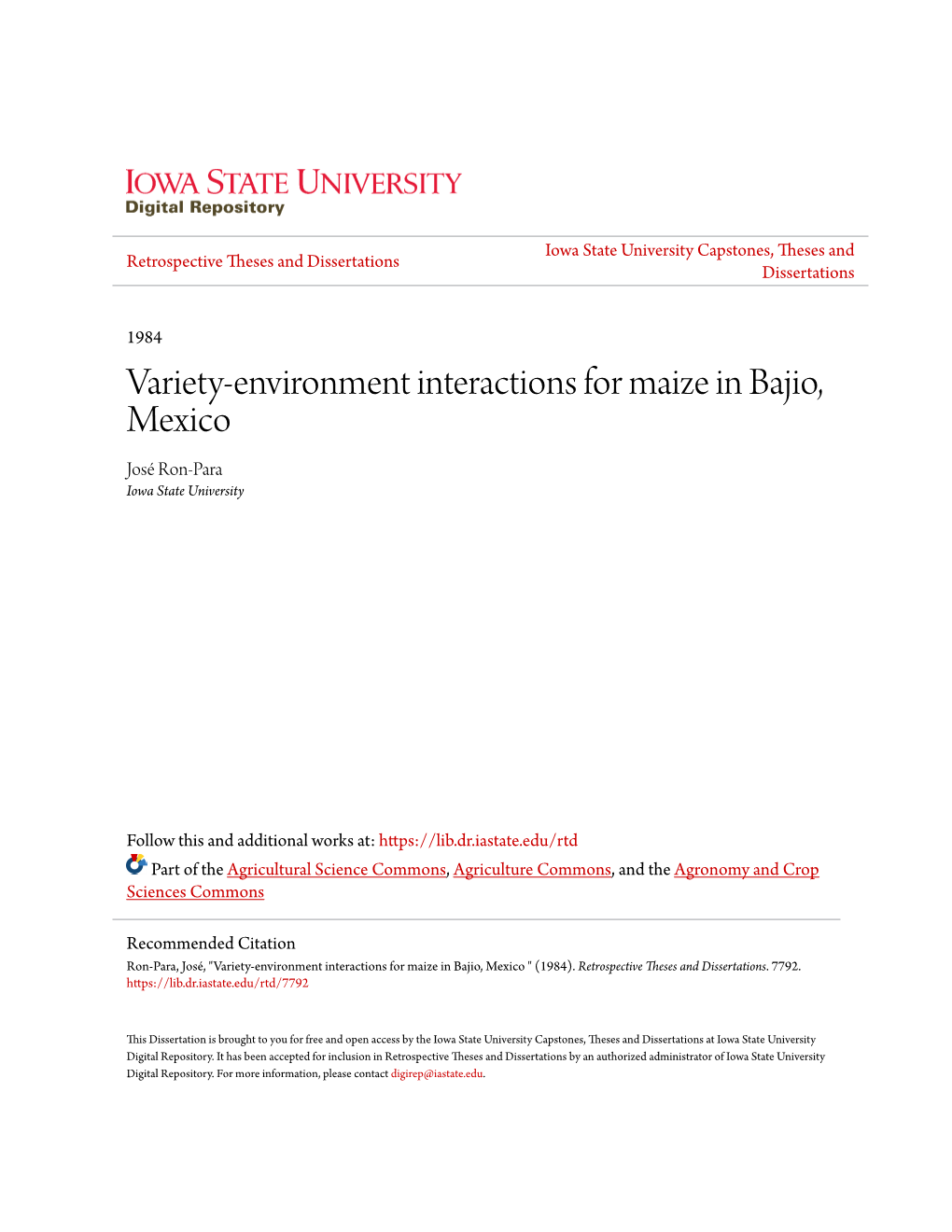 Variety-Environment Interactions for Maize in Bajio, Mexico José Ron-Para Iowa State University