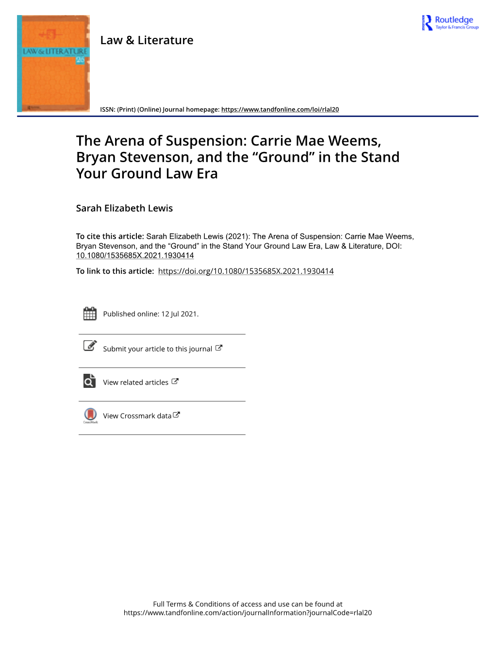 The Arena of Suspension: Carrie Mae Weems, Bryan Stevenson, and the “Ground” in the Stand Your Ground Law Era