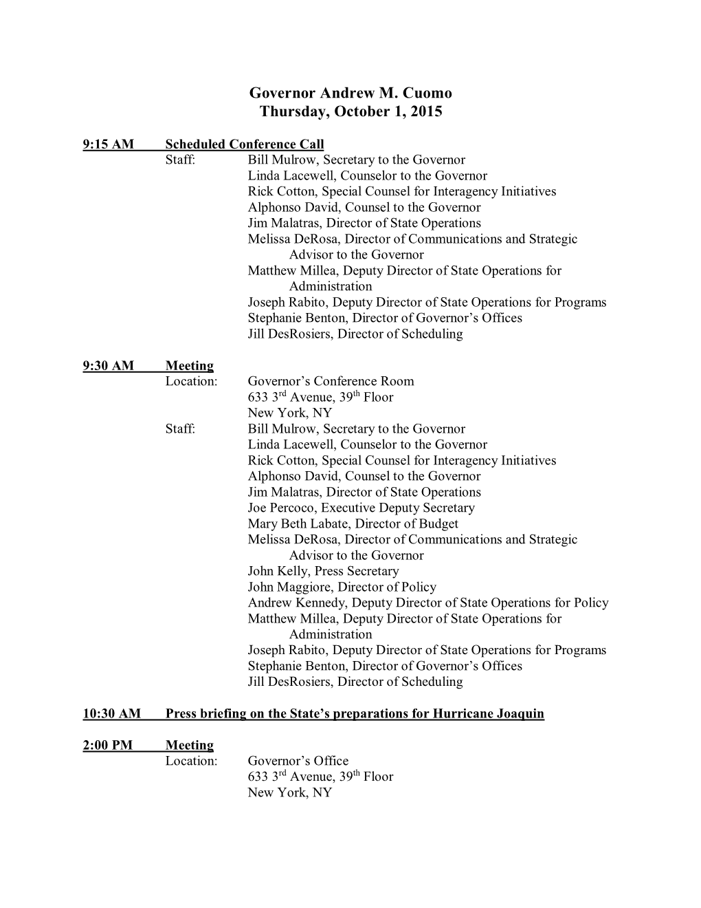 Governor Andrew M. Cuomo Thursday, October 1, 2015