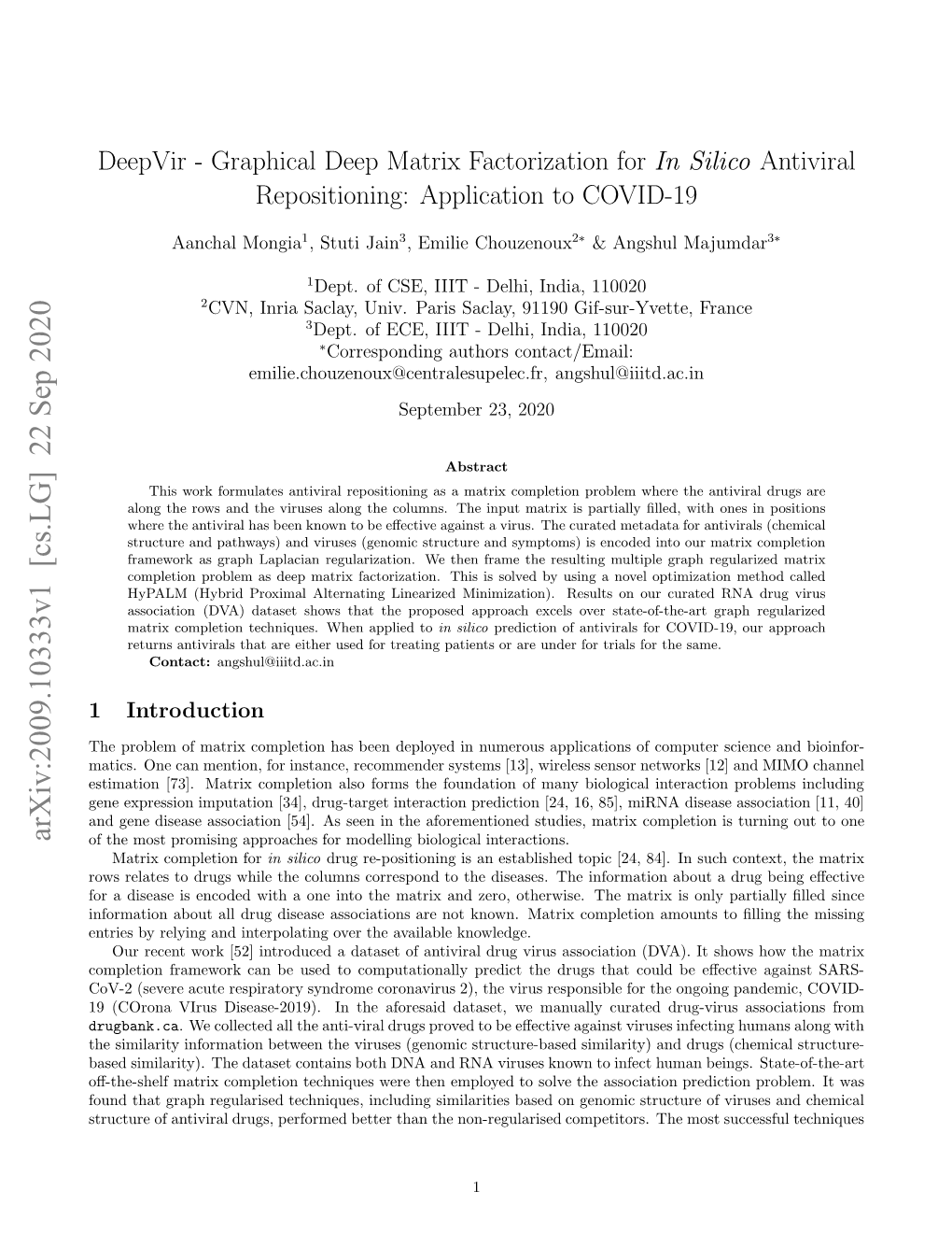 Graphical Deep Matrix Factorization for in Silico Antiviral Repositioning: Application to COVID-19