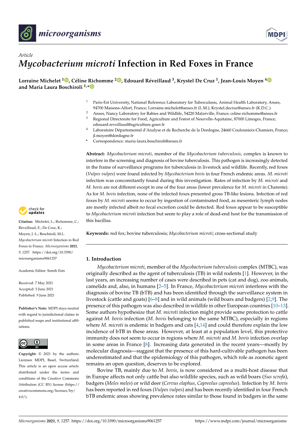 Mycobacterium Microti Infection in Red Foxes in France