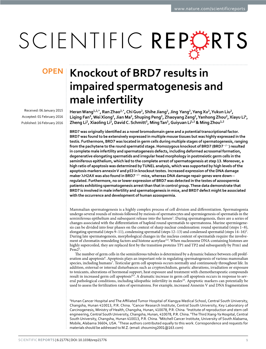 Knockout of BRD7 Results in Impaired Spermatogenesis and Male Infertility