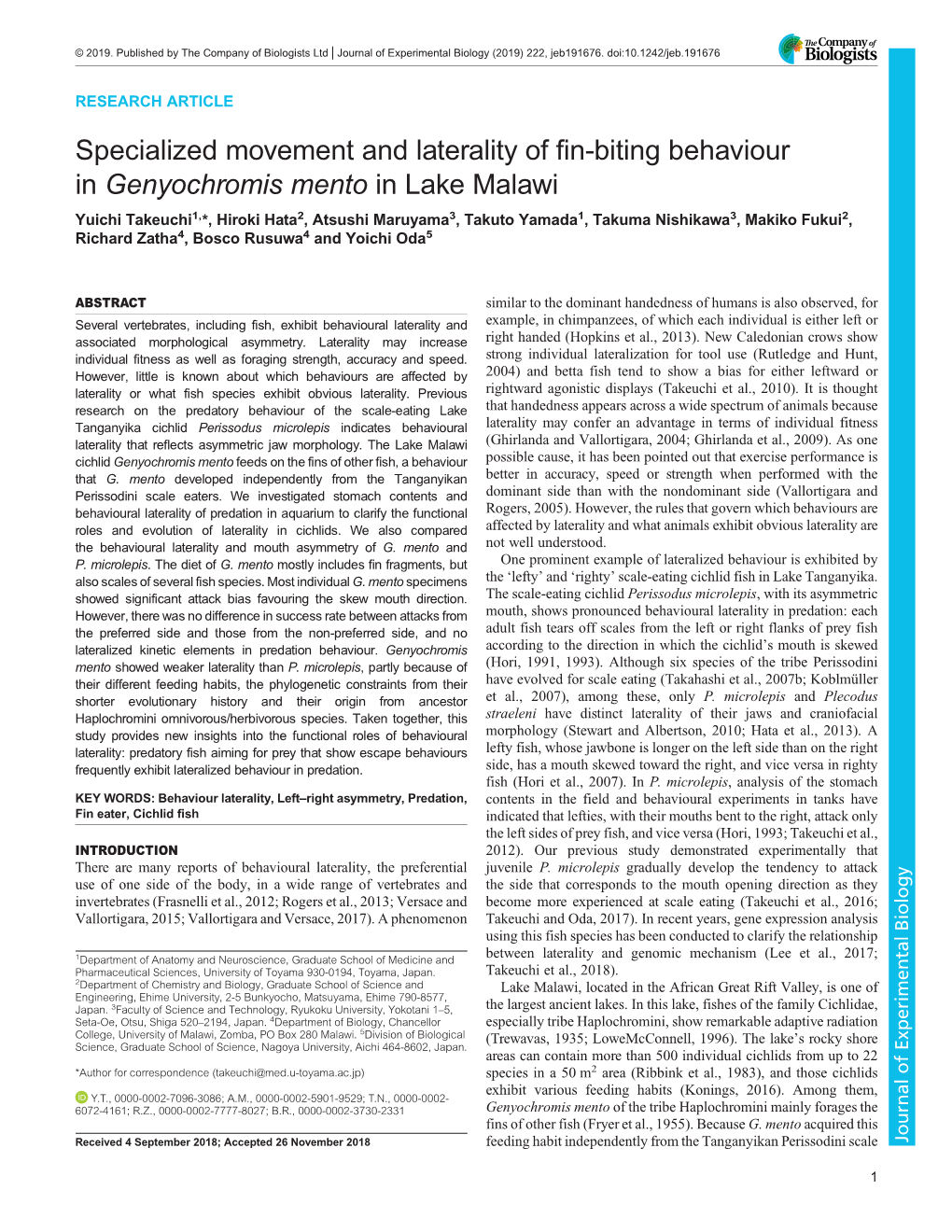 Specialized Movement and Laterality of Fin-Biting Behaviour in Genyochromis Mento in Lake Malawi