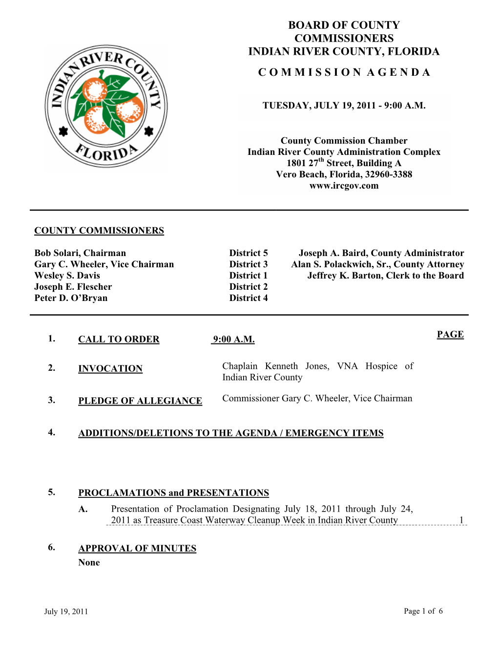 Indian River County Board of County Commissioners Meeting Agenda 07