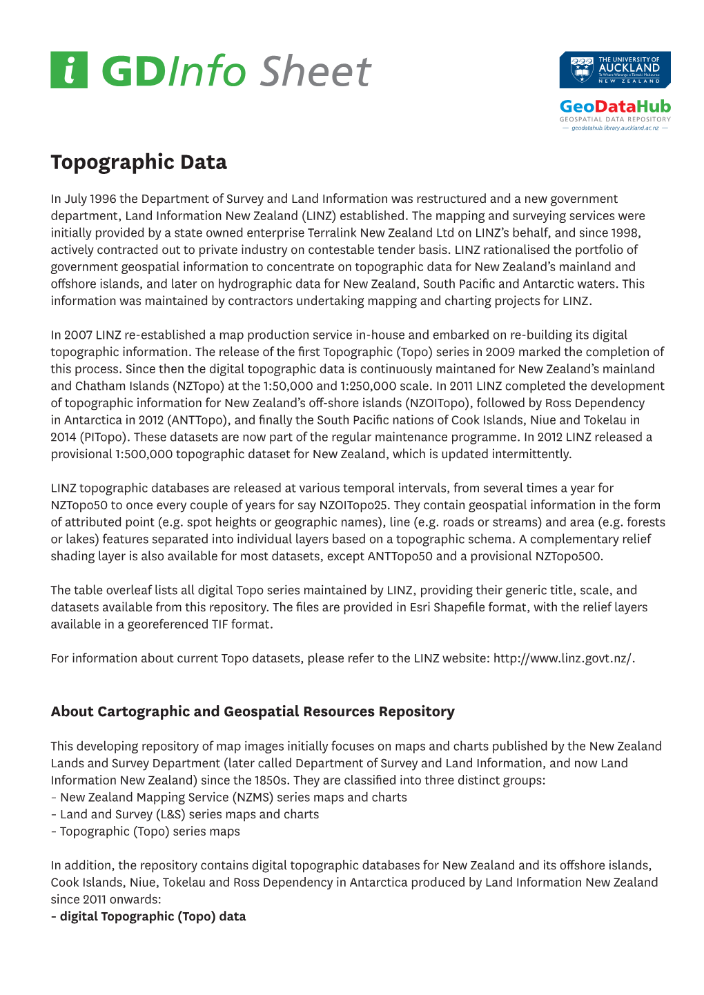 Gdinfo Sheet Geodatahub GEOSPATIAL DATA REPOSITORY — Geodatahub.Library.Auckland.Ac.Nz — Topographic Data