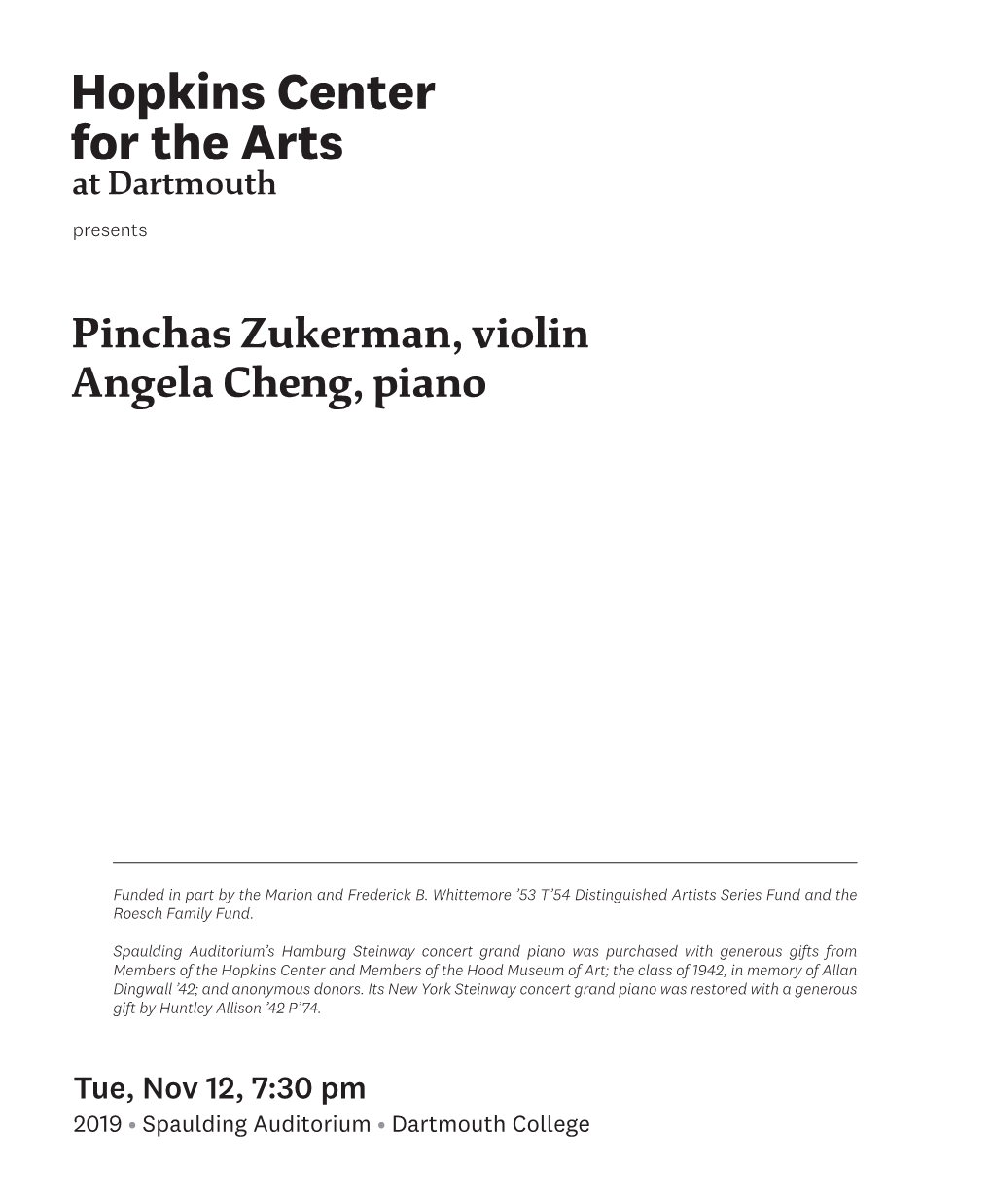Pinchas Zukerman, Violin Angela Cheng, Piano