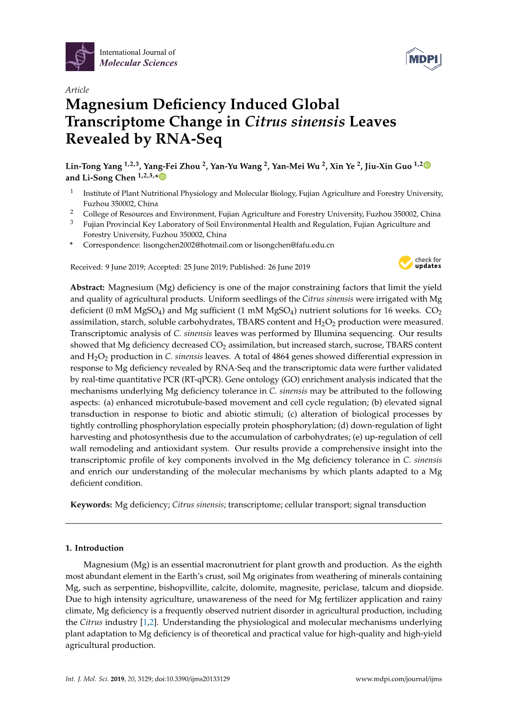 Magnesium Deficiency Induced Global Transcriptome Change in Citrus Sinensis Leaves Revealed by RNA-Seq