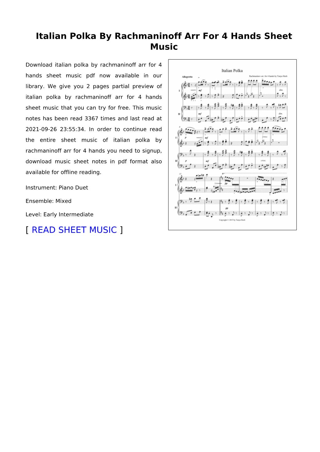 Italian Polka by Rachmaninoff Arr for 4 Hands Sheet Music