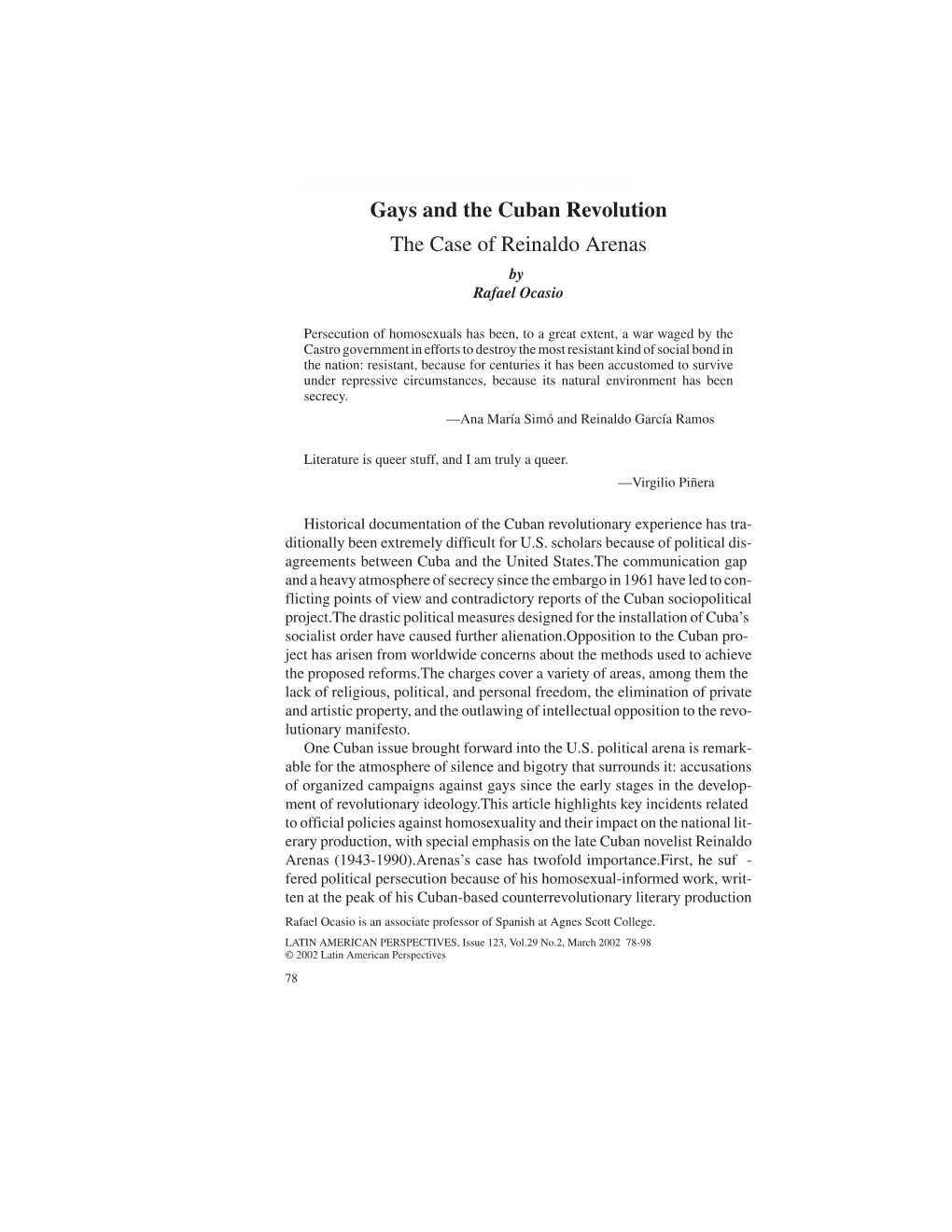 Gays and the Cuban Revolution the Case of Reinaldo Arenas by Rafael Ocasio