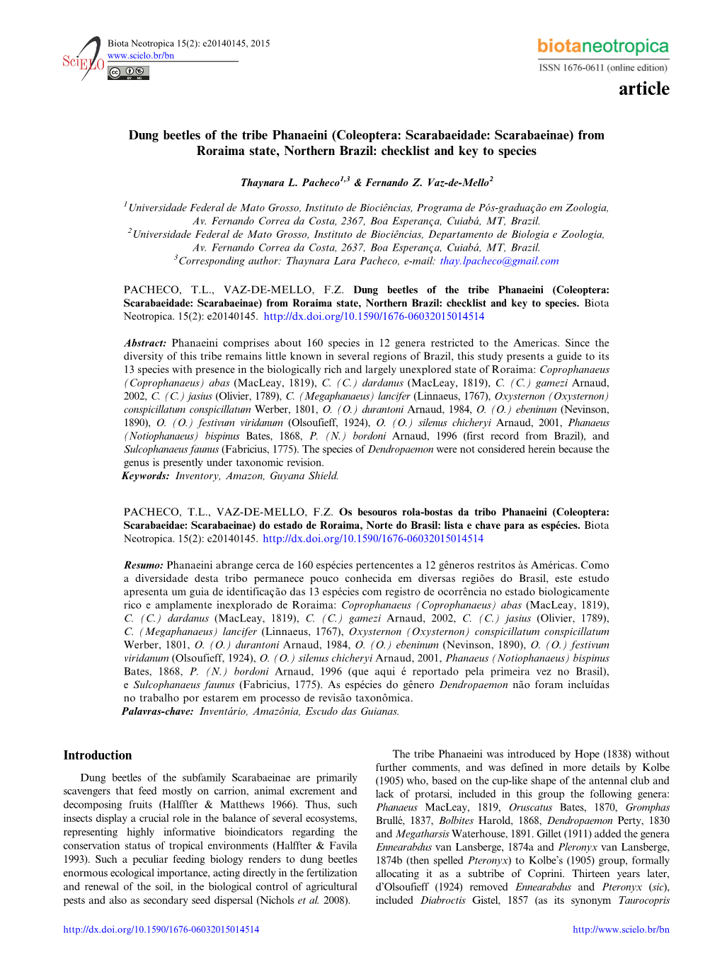 Dung Beetles of the Tribe Phanaeini (Coleoptera: Scarabaeidade: Scarabaeinae) from Roraima State, Northern Brazil: Checklist and Key to Species