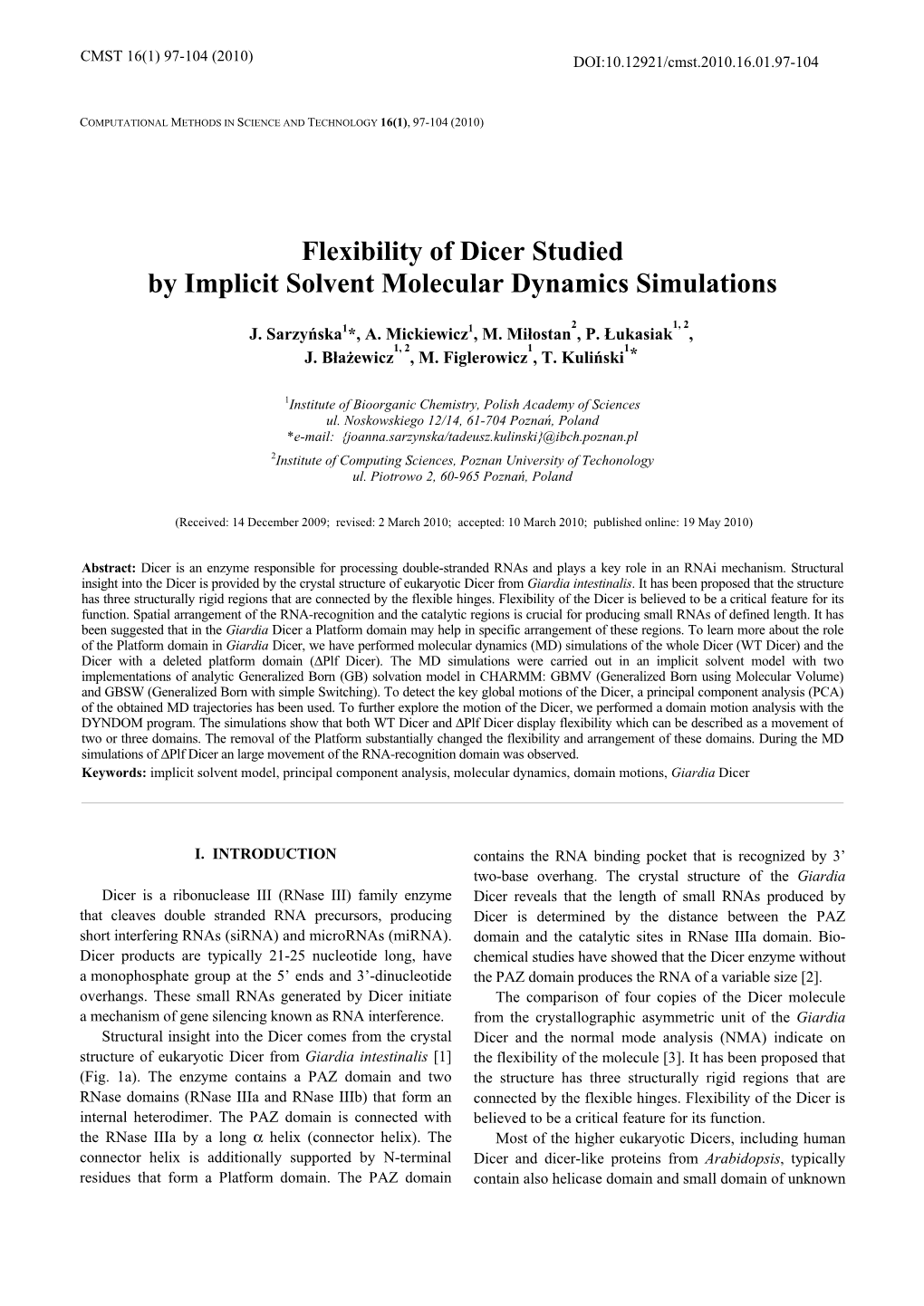 Flexibility of Dicer Studied by Implicit Solvent Molecular Dynamics Simulations