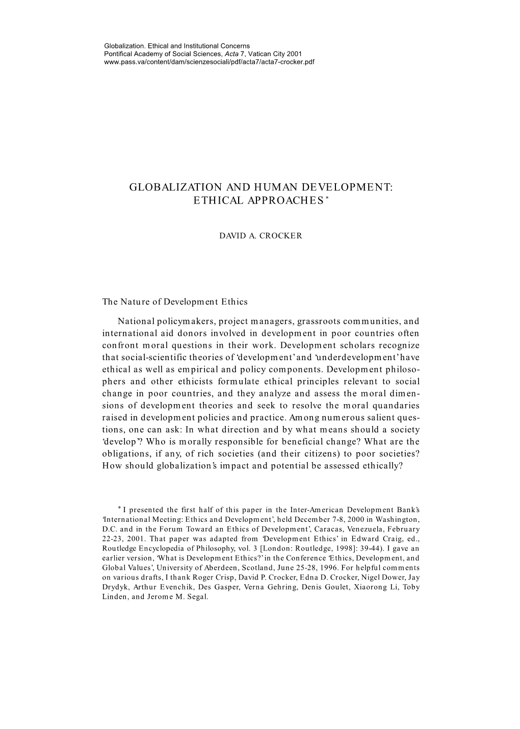 Globalization and Human Development: Ethical Approaches *