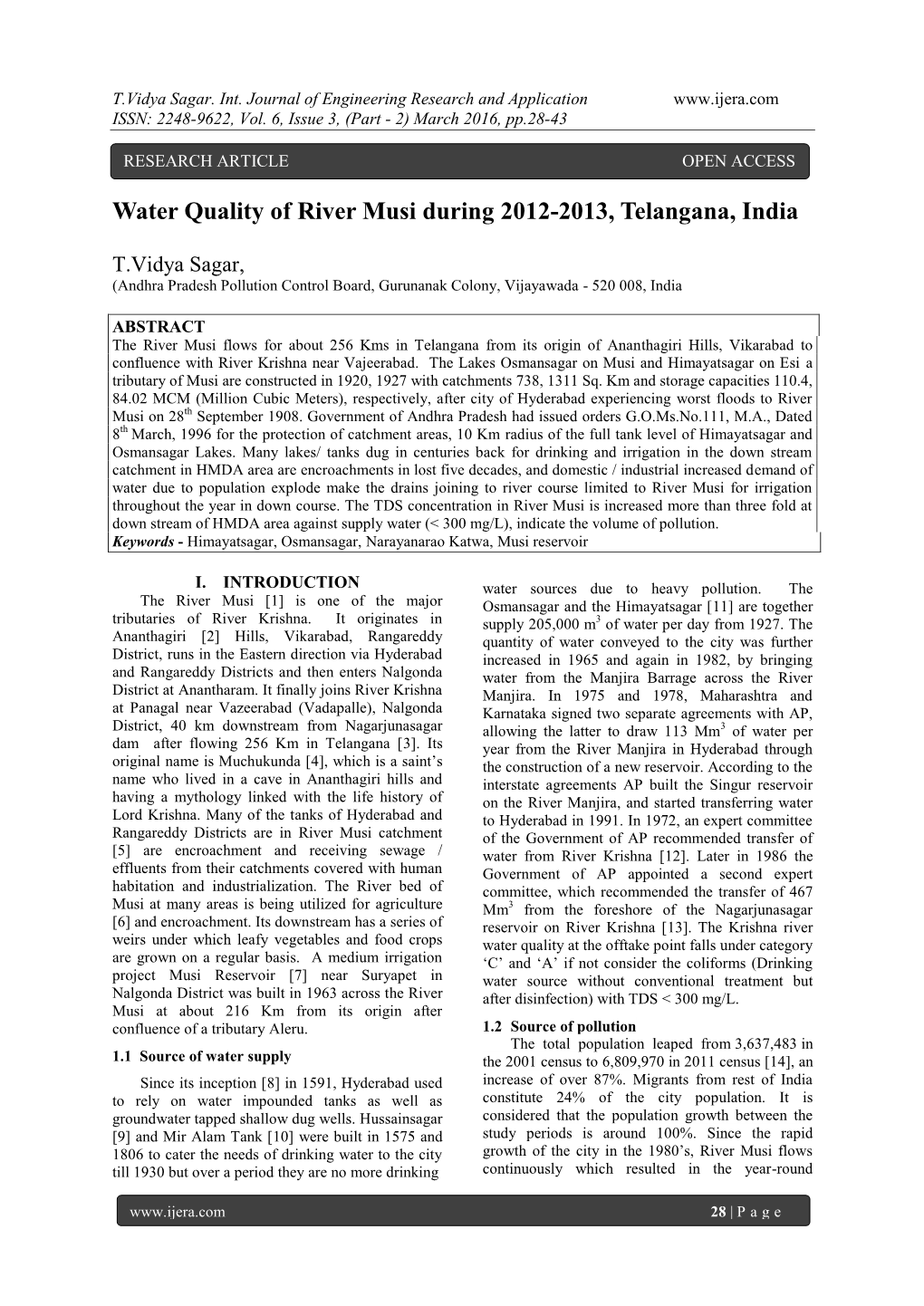 Water Quality of River Musi During 2012-2013, Telangana, India