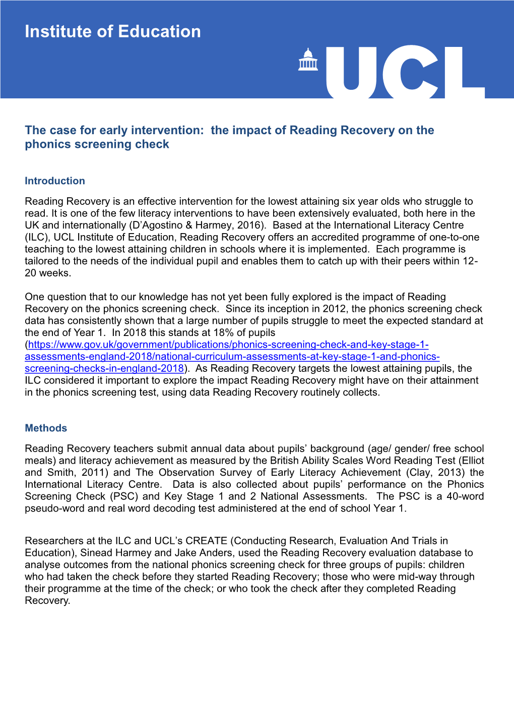 The Impact of Reading Recovery on the Phonics Screening Check