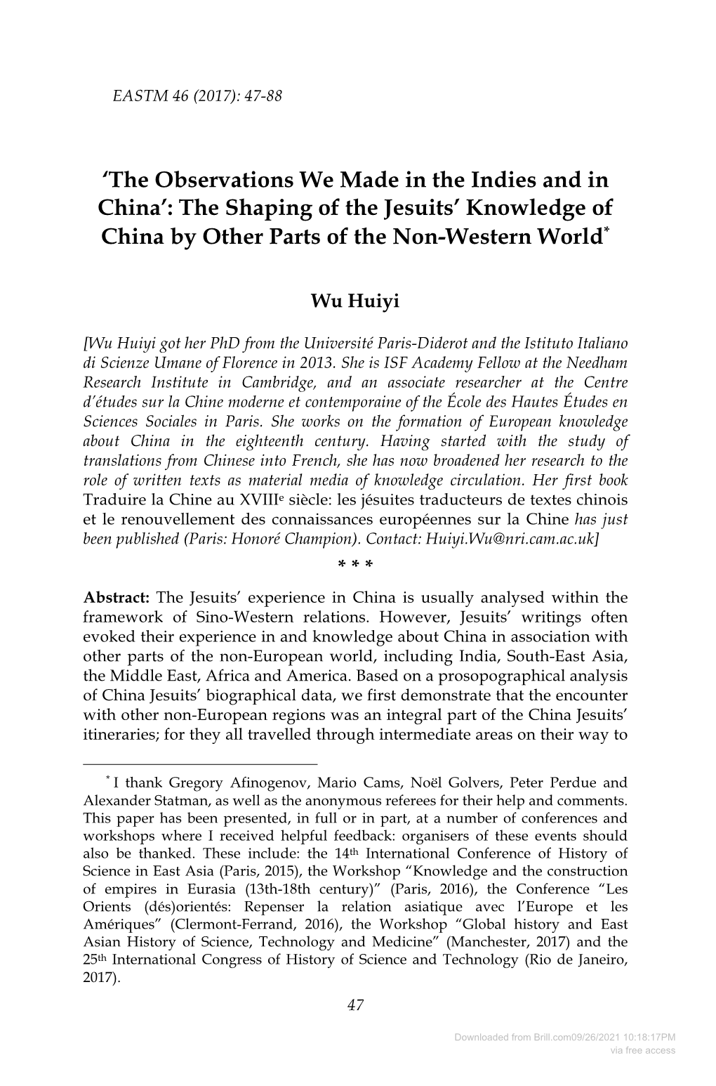 The Observations We Made in the Indies and in China’: the Shaping of the Jesuits’ Knowledge of China by Other Parts of the Non-Western World*