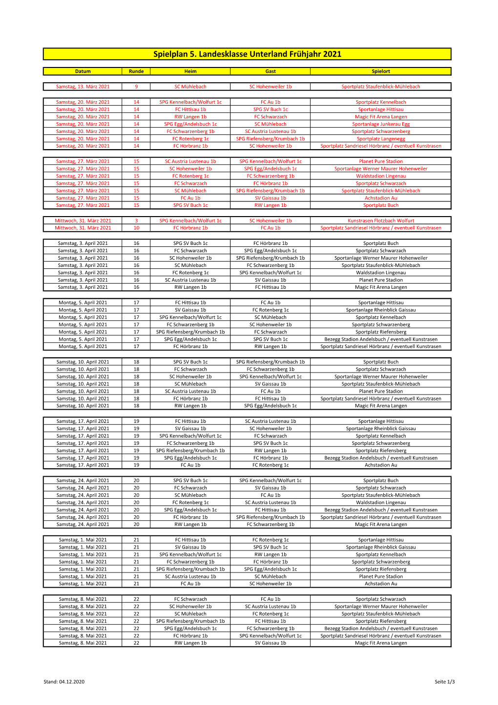 Spielplan 5. Landesklasse Unterland Frühjahr 2021