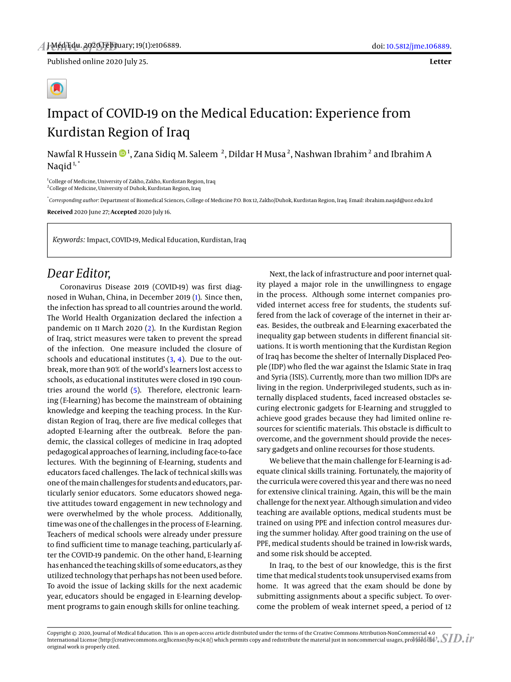 Impact of COVID-19 on the Medical Education: Experience from Kurdistan Region of Iraq