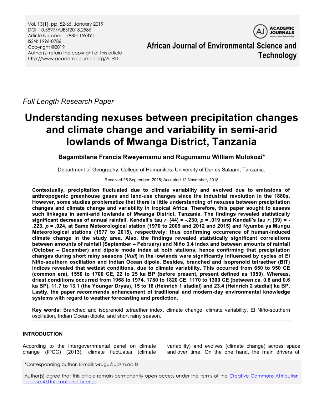 Understanding Nexuses Between Precipitation Changes and Climate Change and Variability in Semi-Arid Lowlands of Mwanga District, Tanzania