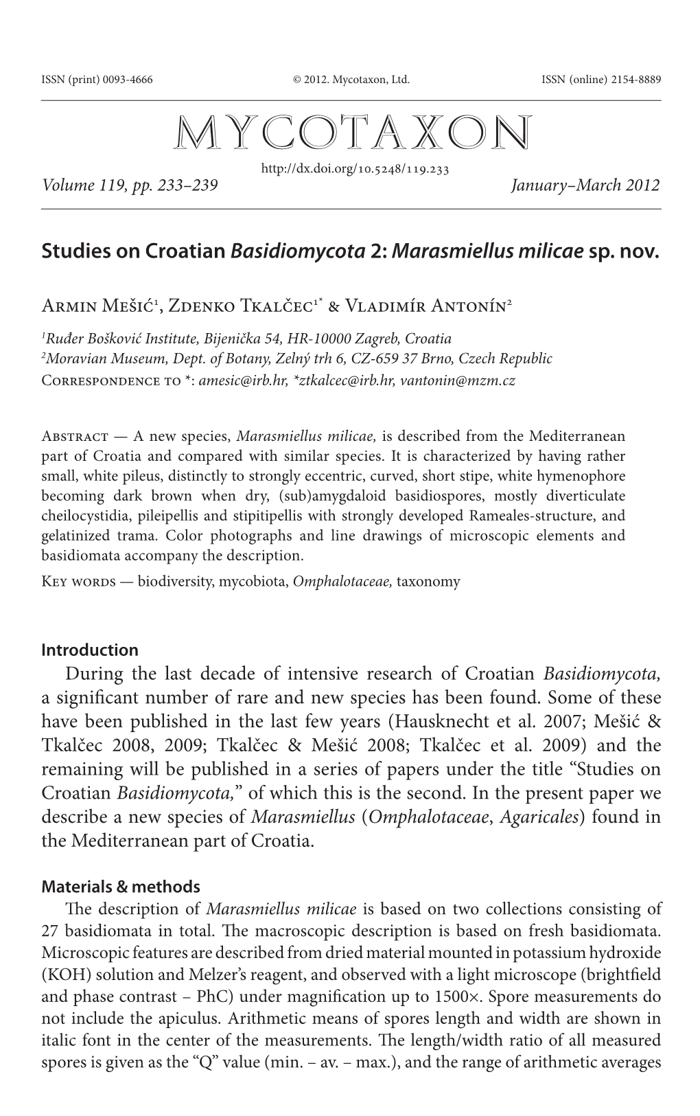 Studies on Croatian <I>Basidiomycota</I> 2: <I>Marasmiellus Milicae</I> Sp. Nov