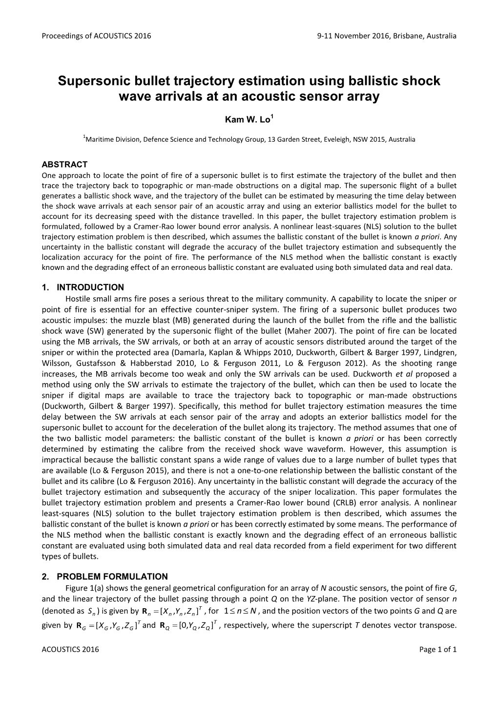 Supersonic Bullet Trajectory Estimation Using Ballistic Shock Wave Arrivals at an Acoustic Sensor Array