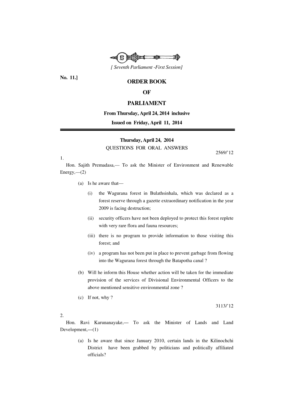 ORDER BOOK of PARLIAMENT from Thursday, April 24, 2014 Inclusive Issued on Friday, April 11, 2014