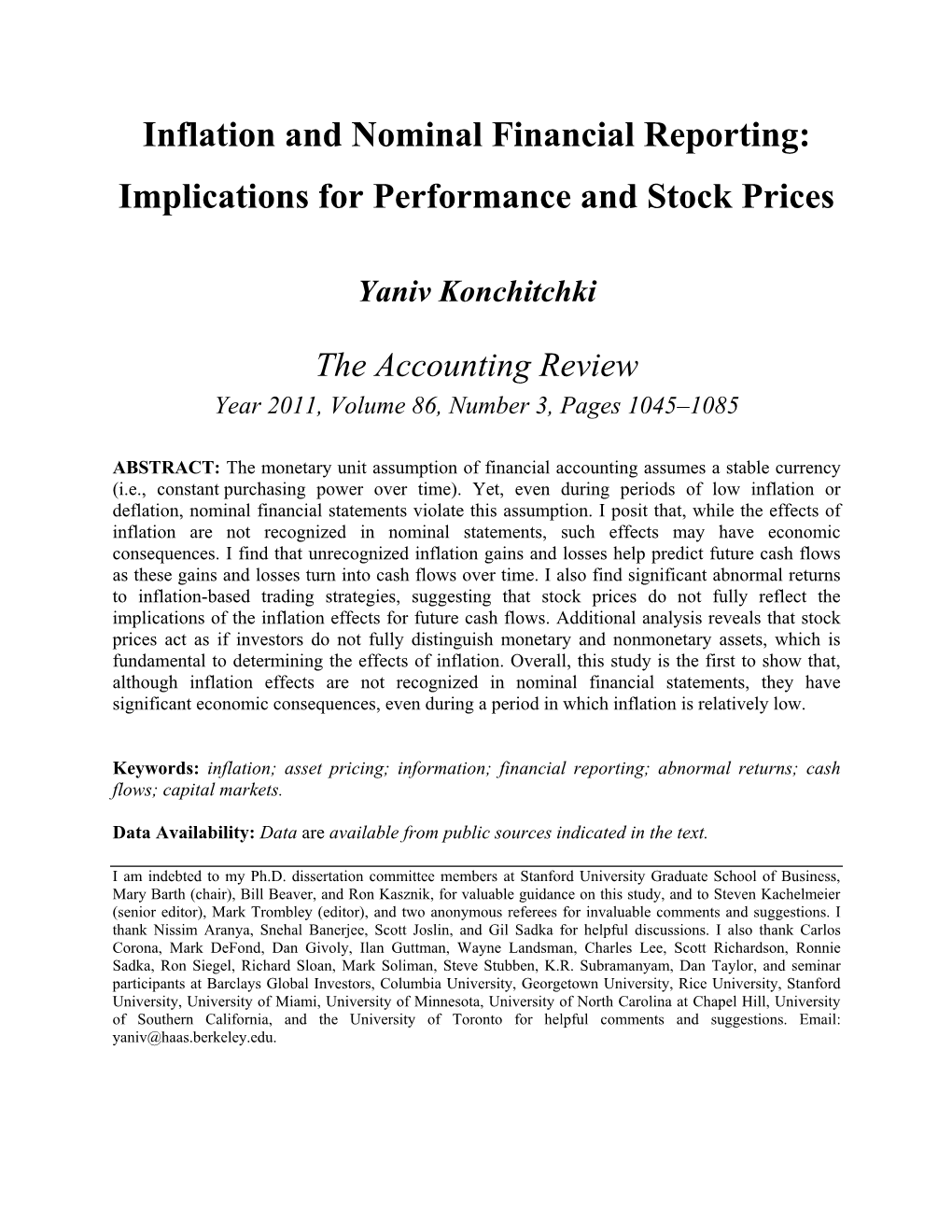 Inflation and Nominal Financial Reporting: Implications for Performance and Stock Prices