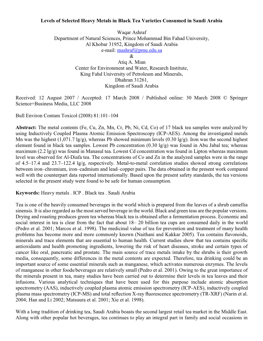 Levels of Selected Heavy Metals in Black Tea Varieties Consumed in Saudi Arabia