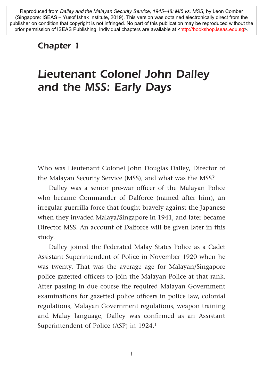 Lieutenant Colonel John Dalley and the MSS: Early Days