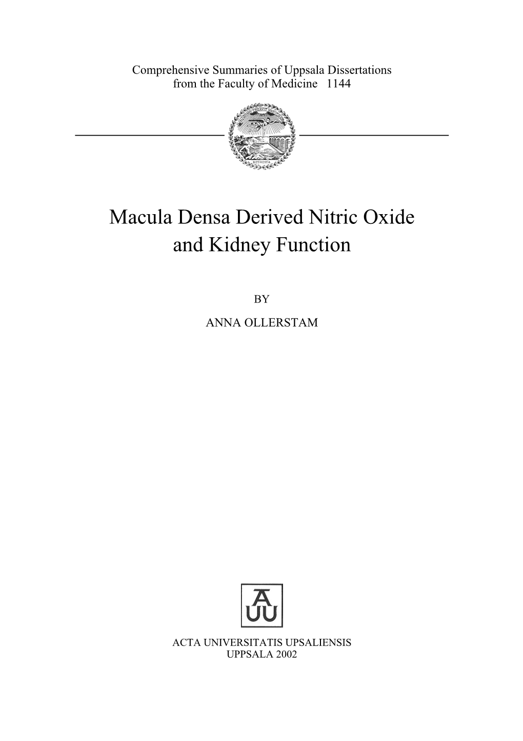 Macula Densa Derived Nitric Oxide and Kidney Function