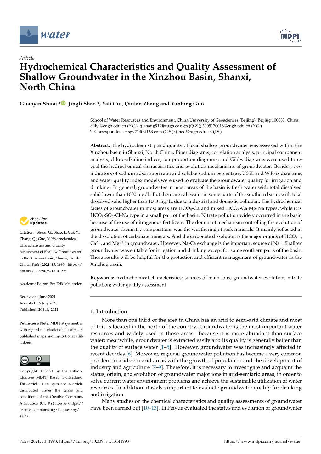 Hydrochemical Characteristics and Quality Assessment of Shallow Groundwater in the Xinzhou Basin, Shanxi, North China