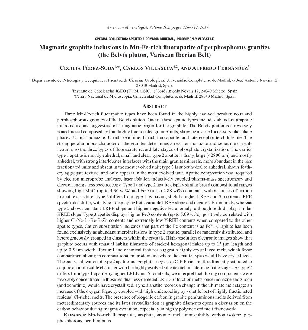 Magmatic Graphite Inclusions in Mn-Fe-Rich Fluorapatite of Perphosphorus Granites (The Belvís Pluton, Variscan Iberian Belt)